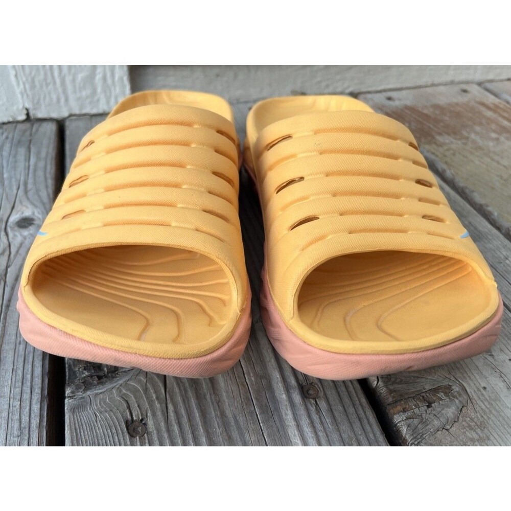 Hoka One One Ora Women's 11 Men's 9 Recovery Slides Amber Yellow/Shell Coral - Picture 6 of 15